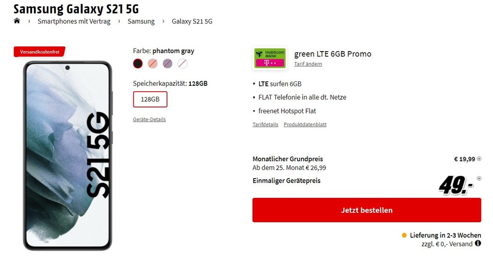 Samsung Galaxy S21 z taryfą Telekom 100 euro taniej niż bez umowy