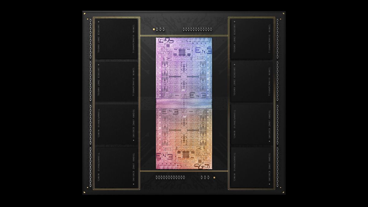Świecący, tęczowy chip M1 Ultra, otoczony wypalonymi modułami pamięci