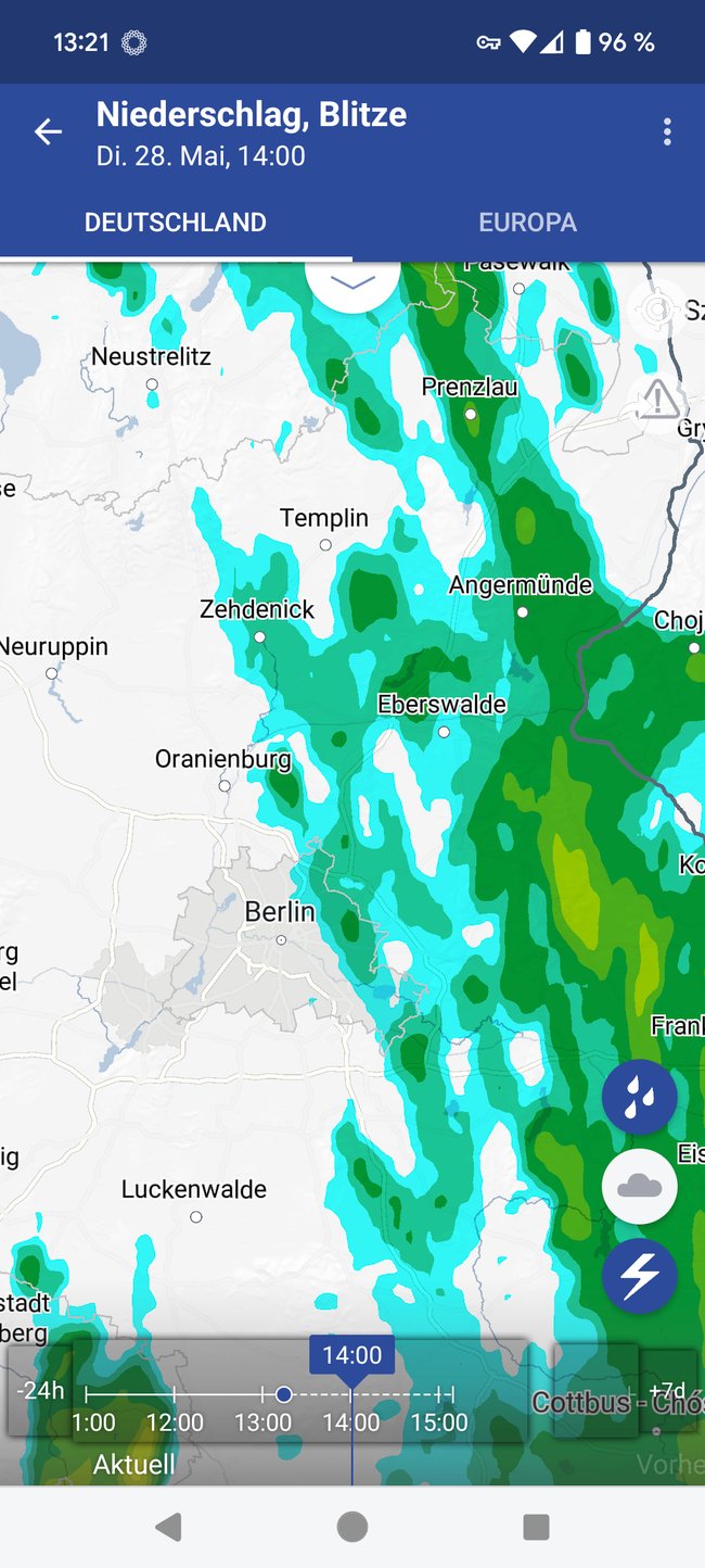 Reprezentacja obszaru deszczowego w czasie w aplikacji WarnWeather niemieckiej służby pogodowej