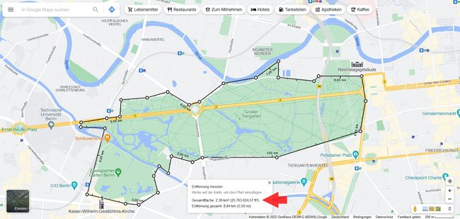 Całkowity obszar pomiaru odległości w Mapach Google