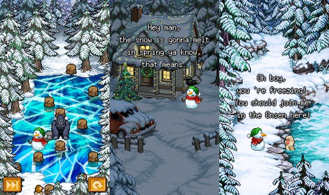 Zrzuty ekranu świątecznej gry przygodowej "Snowman Story” w wersji na Androida