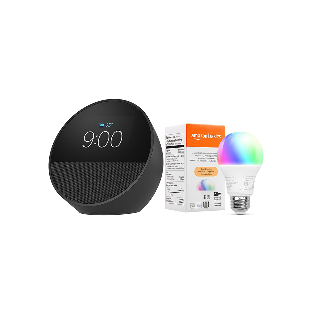 Amazon Echo Spot z inteligentną kolorową żarówką Amazon Basics