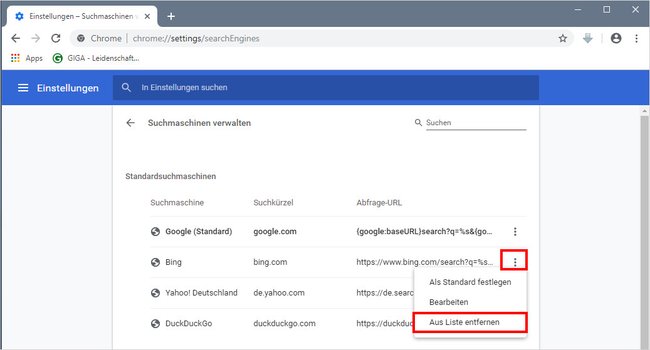 Tutaj możesz usunąć Bing z Chrome. (Źródło obrazu: GIGA)