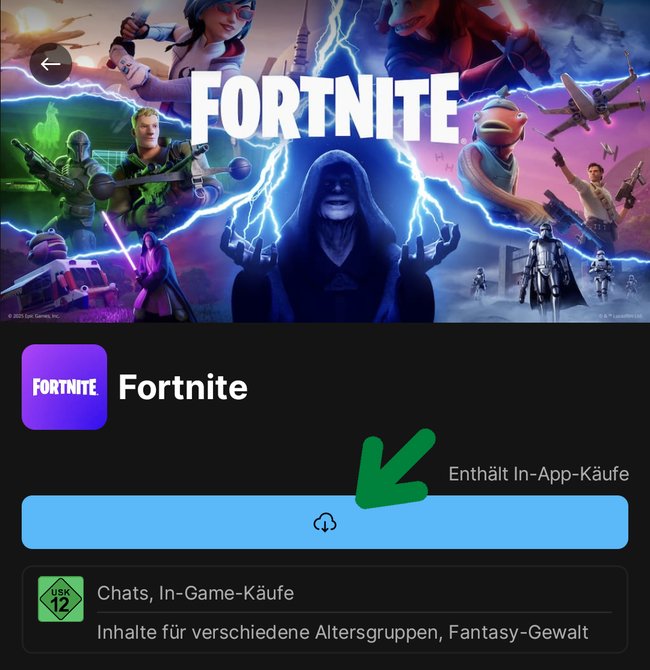 Na koniec dotknij przycisku "Zainstalować" Lub symbol chmury do pobrania Fortnite na telefon komórkowy lub tablet.