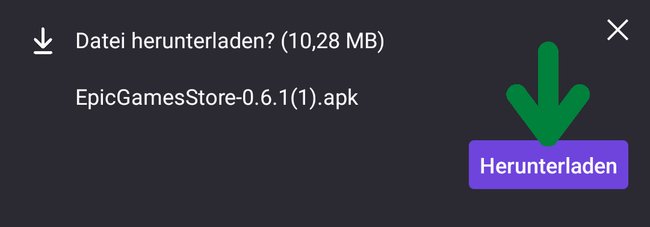 Kliknij link do pobierania oficjalnej aplikacji Epic Games i dotknij "Pobierać" Dla pliku APK "EPICGAMESSTORE0.XXAPK".