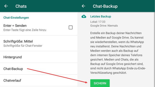 W ustawieniach czatu, a następnie dotknij „Backup Chat”. Na koniec wybierasz przycisk „bezpieczny”, aby utworzyć kopię zapasową bieżącej historii czatu i mediów.