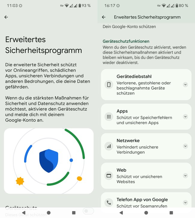 Zrzut ekranu smartfona z Androidem z wyświetlaniem programu rozszerzonego bezpieczeństwa Google, który obejmuje różne funkcje ochronne, takie jak kradzież urządzeń, aplikacje, sieci, sieć i aplikacja Google Telephone.