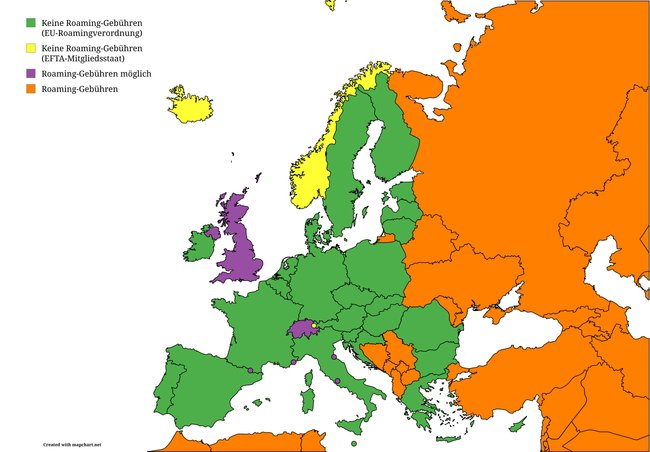 Mapa europejska podzielona na kraje zgodnie z opłatami roamingowymi